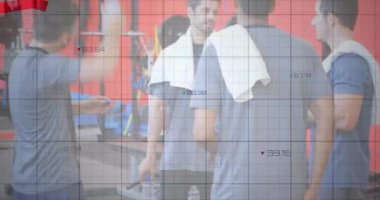Animation of graphs and numbers over multiracial buddies talking after exercise in gym. Digital composite, multiple exposure, report, business, communication, digits, fitness and active lifestyle.