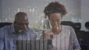 Animation of graphs, time-lapse of moving vehicles, buildings, diverse coworkers discussing reports. Digital composite, multiple exposure, finance, teamwork, communication and technology concept.