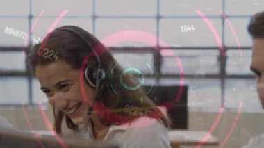 Animation of business people using phone headsets over data proceesing. Global business, computing, connections and data processing concept digitally generated video.