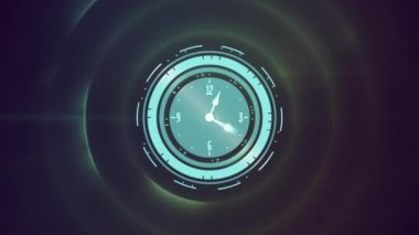 Animation of clock moving fast and data processing over circles. Global business and data processing concept digitally generated video.