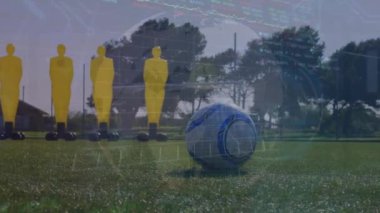 Animation of diverse data processing over caucasian male soccer player on sports stadium. Global connections business digital interface technology and networking concept digitally generated video.