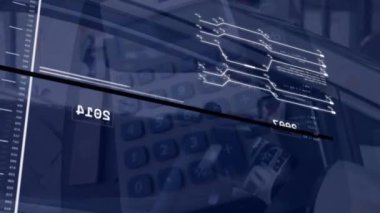 Animation of data processing over woman sitting in a car and calculator falling over documents. Computer interface and business technology concept