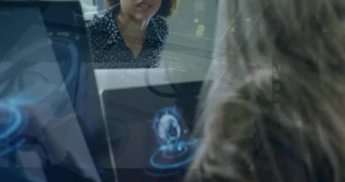 Animation of data processing over caucasian businesswoman using phone headset in office. Global business, finance, computing and data processing concept digitally generated video.