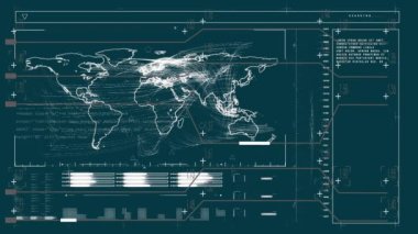 Animation of data processing and world map over gray background. Global business and digital interface concept digitally generated video.