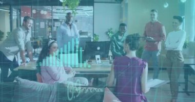 Animation of data processing over diverse business people having meeting at office. Global business, finances and digital interface concept, digitally generated video.