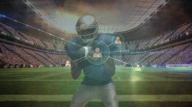 Animation of data processing over diverse american football players at stadium. Global sports, connections, computing and data processing concept digitally generated video.