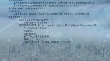 Animation of network of connections and data processing over cityscape. Global business, finances, computing and data processing concept digitally generated video.