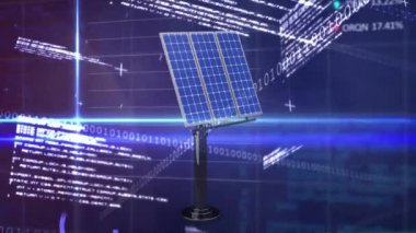 Animation of statistics and financial data processing over solar panels. Global solar energy, sustainability, computing, digital interface and data processing concept digitally generated video.