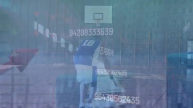 Animation of statistics and data processing over basketball player. Global sports, finance, computing, connections and data processing concept digitally generated video.