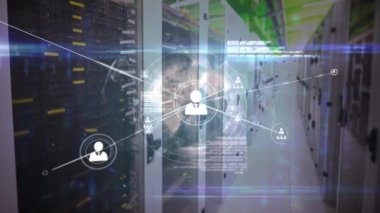 Animation of network of connections with icons and data processing over server room. Global connections, technology and digital interface concept digitally generated video.