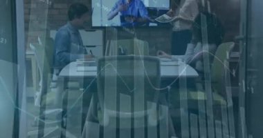 Animation of financial data processing over diverse business people having meeting at office. Global business, finances and digital interface concept, digitally generated video.