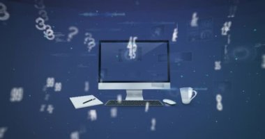 Animation of data processing over computer on blue background. Global business, finances and digital interface concept digitally generated video.