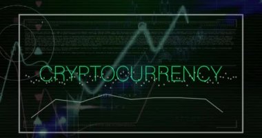 Animation of cryptocurrency text, statistics and data processing. Global online security, business, finances, computing and data processing concept digitally generated video.