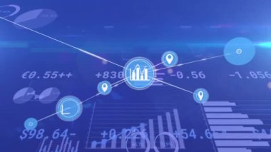 Animation of network of connections with icons over financial data. Network, connections, data processing and technology concept digitally generated video.