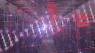 Animation of dna strand and data processing with network of connections over server room. Global technology, computing and digital interface concept, digitally generated video.