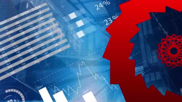 Animation Financial Data Processing Red Shapes Blue Background Global Business — Wideo stockowe