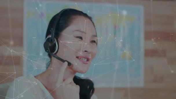 Animation Connected Dots Asian Customer Service Representative Talking Customer City — Video Stock
