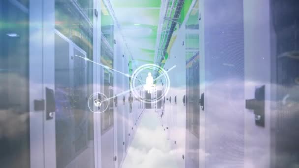 Animation Icons Connected Lines Foggy Clouds Server Room Background Digital — Vídeos de Stock