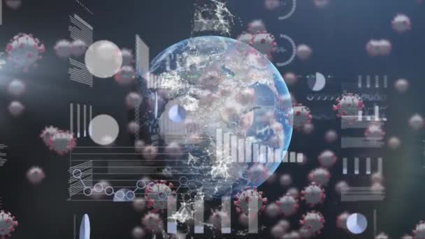 Animation Data Processing Globe Virus Cells Black Background Global Connections — Vídeos de Stock