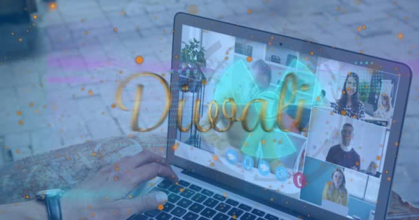 Animation Diwali Text Spots Diverse Business People Having Video Call — Vídeos de Stock