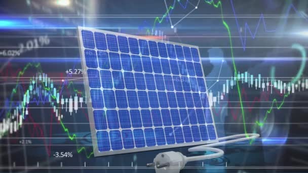 Анімація Статистики Обробка Фінансових Даних Над Сонячними Панелями Глобальна Сонячна — стокове відео