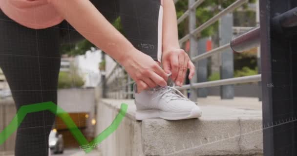 Animation Data Processing Caucasian Woman Exercising Tying Shoe Laces Global — Stockvideo