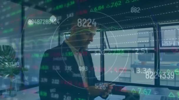 Animation Financial Data Processing Scope Businessman Using Smartphone Global Networks — Vídeo de Stock