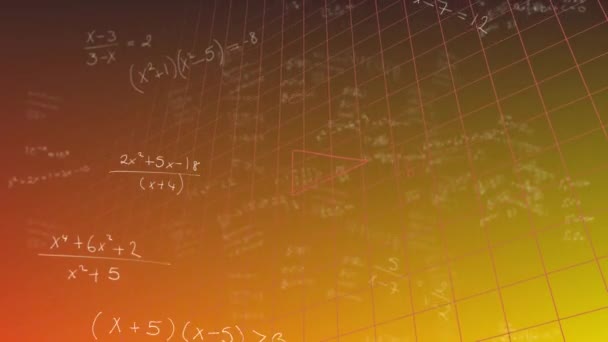 Animation Mathematical Equations Floating Grid Network Orange Gradient Background Education — Vídeos de Stock