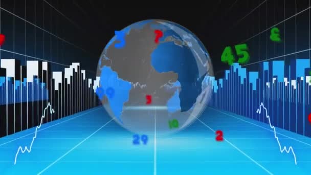 Animation Financial Data Processing Numbers Globe Black Background Global Business — Stockvideo