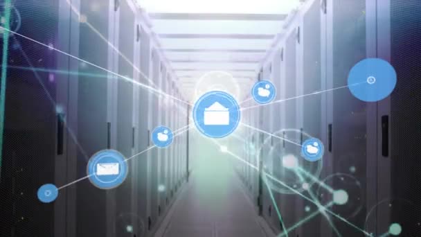 Animation Connected Icons Dots Lens Flares Server Room Background Digital — Stock Video