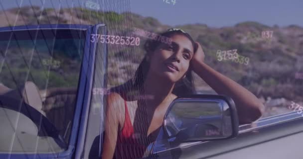 Animation Data Processing Biracial Woman Driving Car Global Finances Transport — Stock Video
