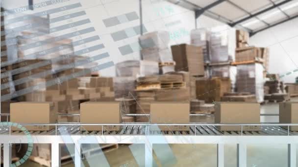 Animation Statistical Data Processing Delivery Boxes Conveyer Belt Warehouse Logistics — Vídeo de stock