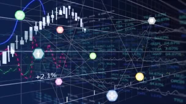 Animation Financial Data Processing Icons Black Background Global Business Finances — Vídeo de stock