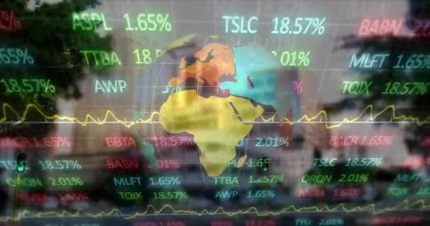 Animation Statistics Financial Data Processing Globe Cityscape Global Business Finances — Vídeos de Stock