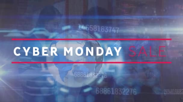Animation Cyber Monday Sale Text Numbers Globe Diverse Happy Female — Vídeo de stock