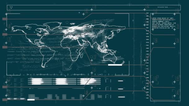 灰色の背景にデータ処理と世界地図のアニメーション グローバルビジネスとデジタルインターフェースの概念デジタル生成されたビデオ — ストック動画