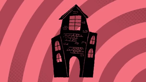 Анімація Чорного Будинку Над Рожевими Рухомими Спіральними Візерунками Цифрова Генерація — стокове відео