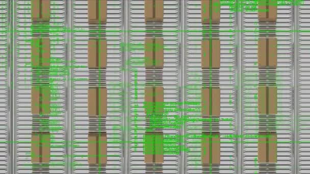 Animation Computer Language Cardboard Boxes Multiple Conveyers Belt Digitally Generated — Stockvideo
