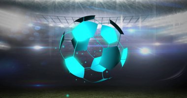 Image of neon soccer ball over sport stadium. Soccer, sport, tournament and cheering concept digitally generated image.