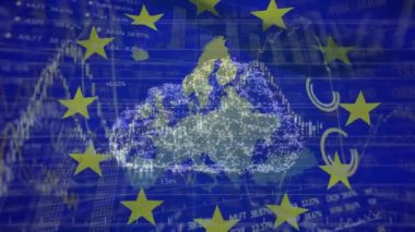 Animation of digital cloud, data processing and flag of eu. Global cloud computing, finance, business, european union and data processing concept digitally generated video.