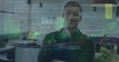 Animation of financial data processing over caucasian businessman. Global networks, business, finance, computing and data processing concept digitally generated video.