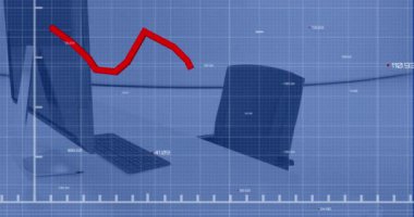 Animation of red line, statistics and financial data processing over desk in office. Global business, finance, computing and data processing concept digitally generated video.