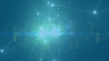 Animation of network of connections over digital city. Global business and digital interface concept digitally generated video.