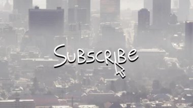 Animation of arrow with subscribe text over aerial view of skyscraper in modern city amidst fog. Digital composite, multiple exposure, cityscape, office building, push button, marketing, register.