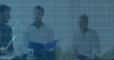 Animation of statistics and financial data processing over business people. Global business, finance, computing and data processing concept digitally generated video.