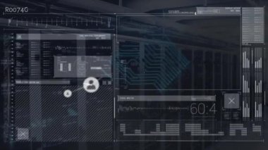 Animation of network of connections with icons and data processing over server room. Global business and digital interface concept digitally generated video.