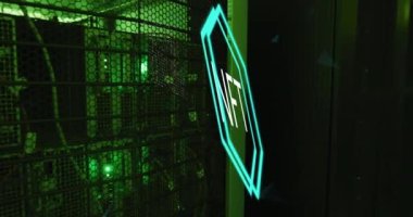 Animation of nft text and data processing over computer servers. Global connections, business, finance, computing and data processing concept digitally generated video.