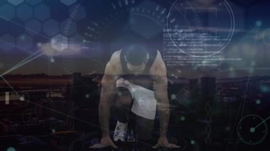 Animation of network of connections and data processing over male runner. Global sports, networks and data processing concept digitally generated video.