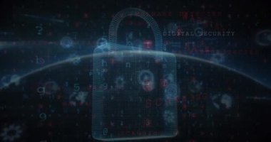 Animation of scope scanning with padlock icon and data processing over globe. Global technology, computing and digital interface concept digitally generated video.