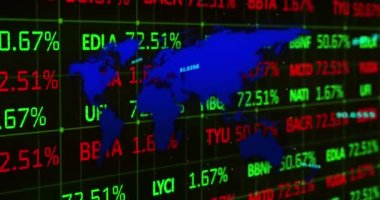 Animation of data processing and stock market over world map on black background. Global business and digital interface concept digitally generated video.